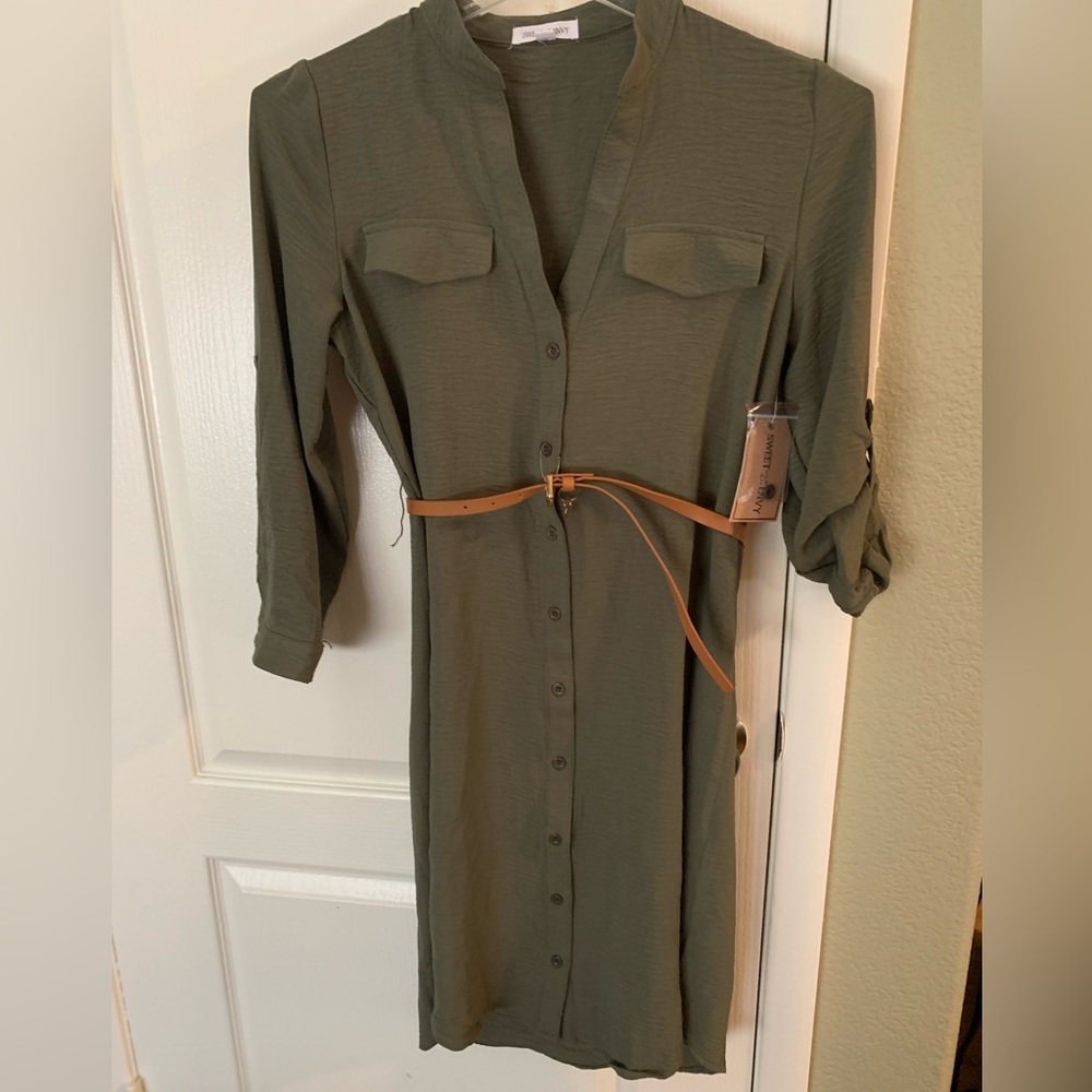 Olive Green Button-Up Dress with Tan Belt
